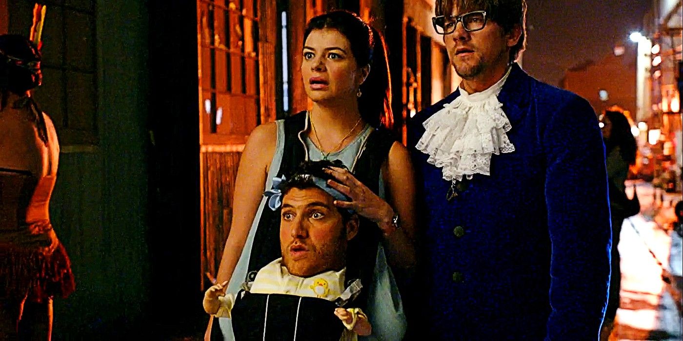 Penny and Max dressed up as a mother and baby, and Dave dressed up as Austin Powers for Halloween in Happy Endings