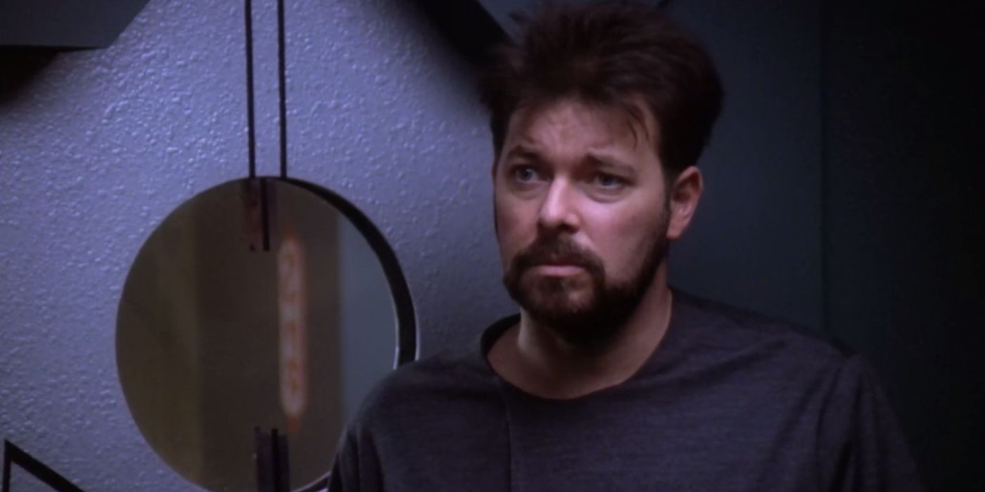 Jonathan Frakes, who plays Riker in Star Trek: The Next Generation, looks disheveled and restless.