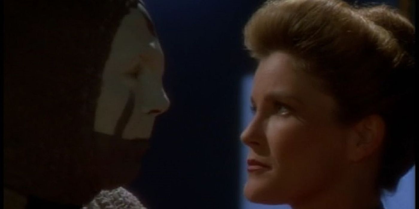 In Star Trek: Voyager, Captain Janeway stands face to face with a being whose complexion is black and white.