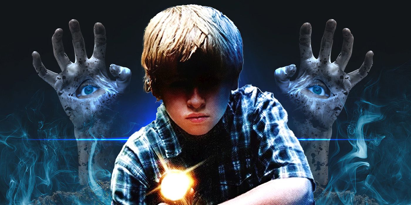 The shadowy figure of a young boy in a plaid shirt in front of two hands with eyes in their palms.