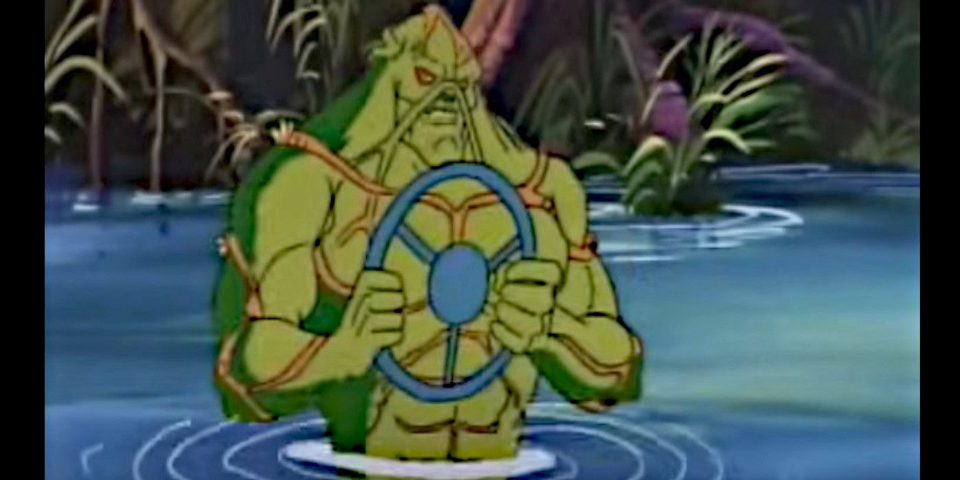 Swamp Thing stands waist-deep in water while holding a steering wheel in the Swamp Thing animated series.