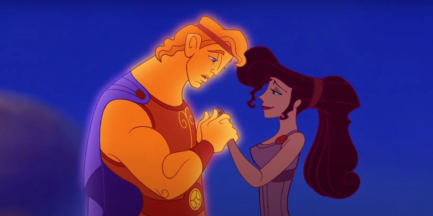 A glowing Hercules, voiced by Tate Donovan, holds hands with Meg, voiced by Susan Egan, in Hercules.
