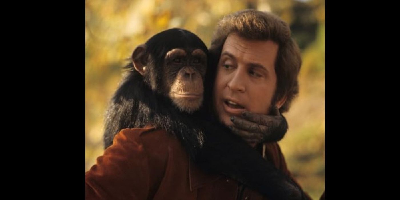 Ted Bessell looks back at a chimp hanging around his neck.