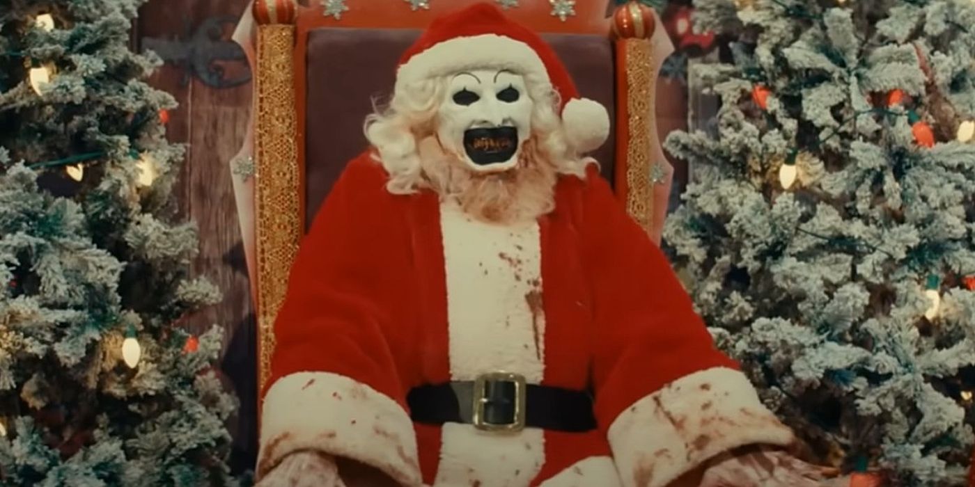 Art the Clown posing as a mall Santa in Terrifier 3. 