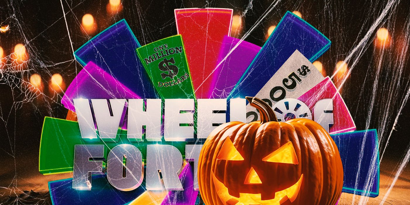 Wheel of Fortune's wheel with a candle-lit background, cobwebs, and a jack-o-lantern