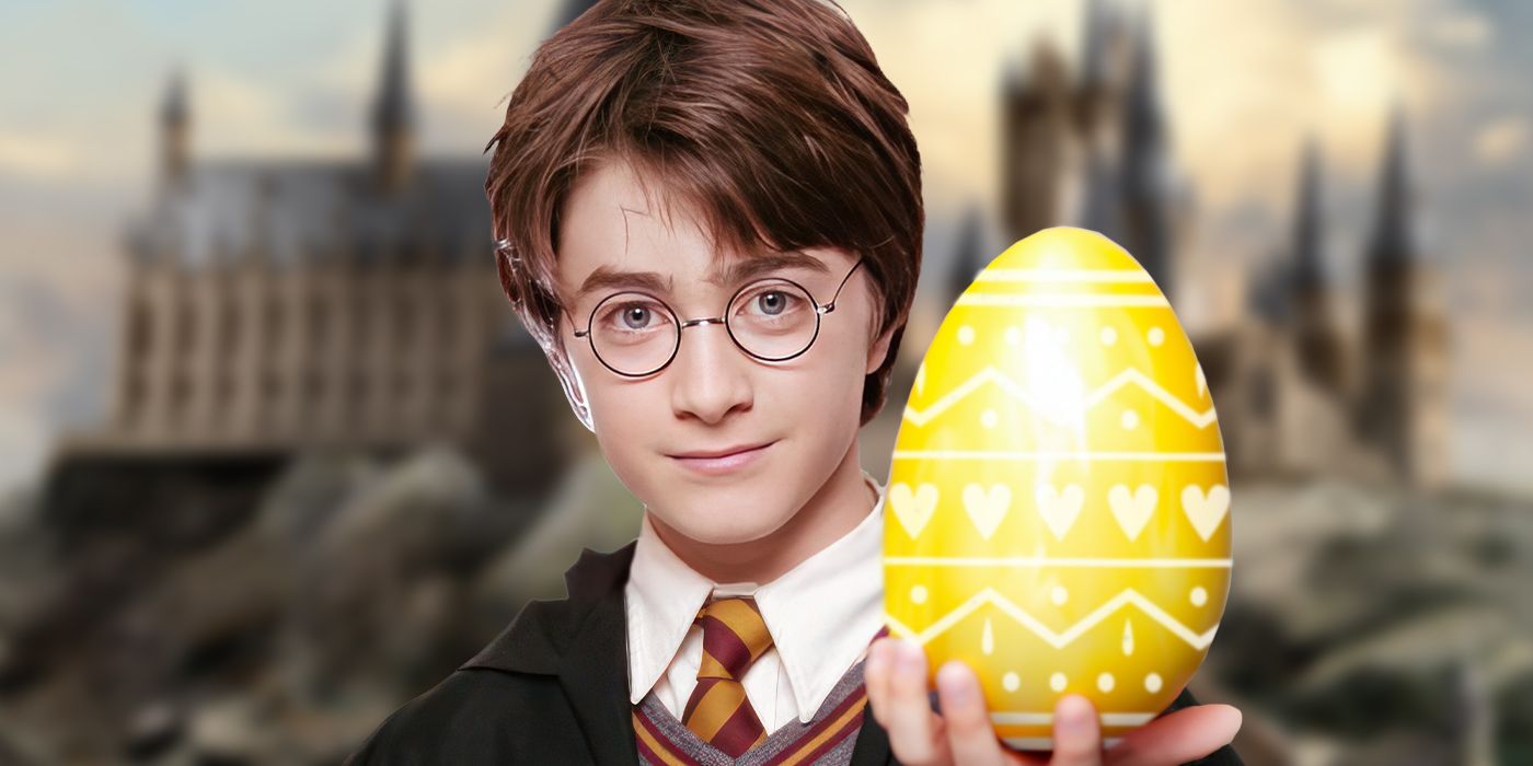 Blended image showing Harry Potter holding an Easter egg.