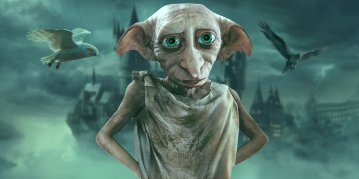 Blended image showing Dobby with Hedwig the owl, Hogwarts, and Buckbeack the hippogriph in the background