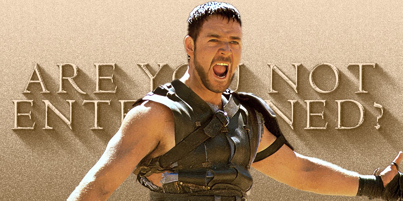 Blended image showing Russell Crowe in Gladiator with a quote on the background.