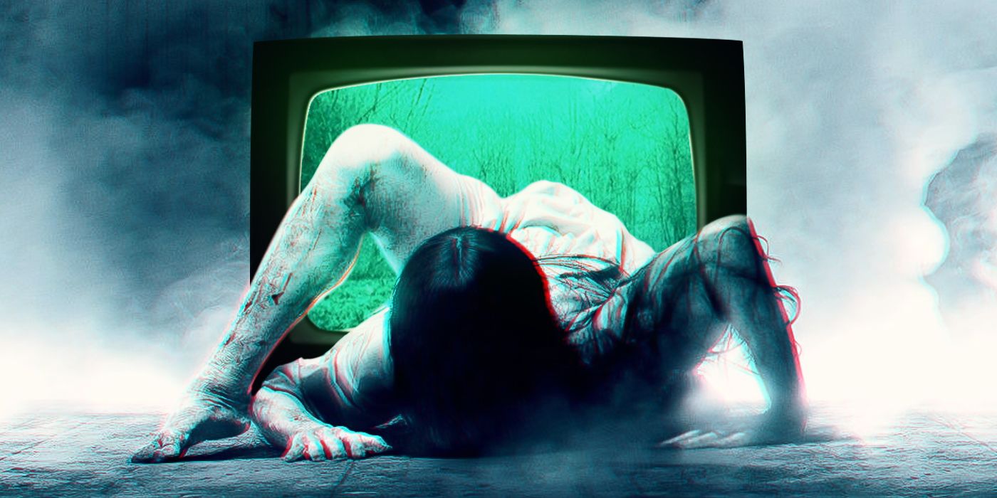 Blended image showing Samara coming out of the television.