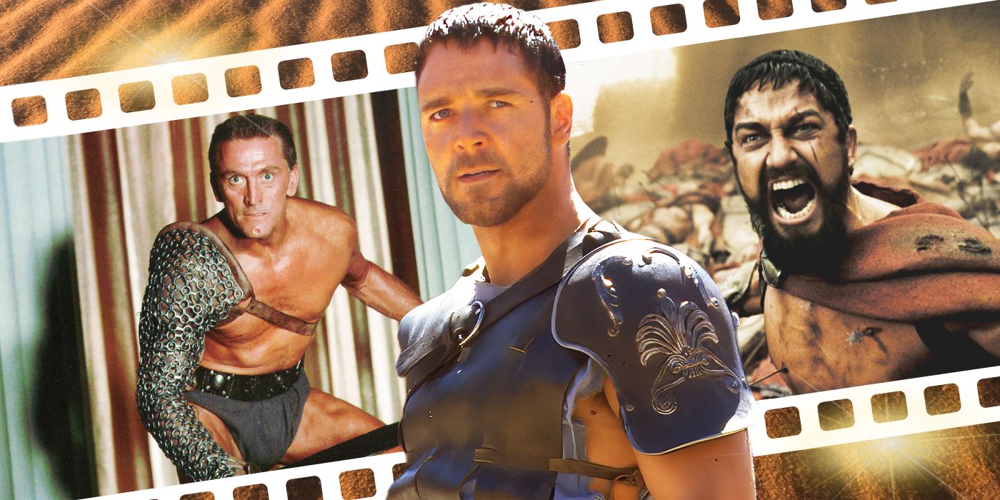 Blended image showing characters from Spartacus, Gladiator, and 300.