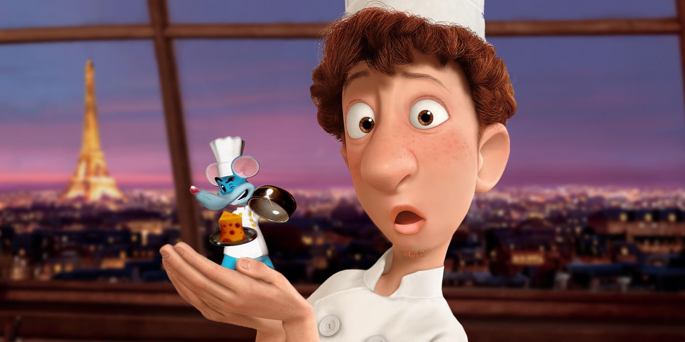 Blended image showing Linguini from Ratatouille holding the rat from Ratatoing