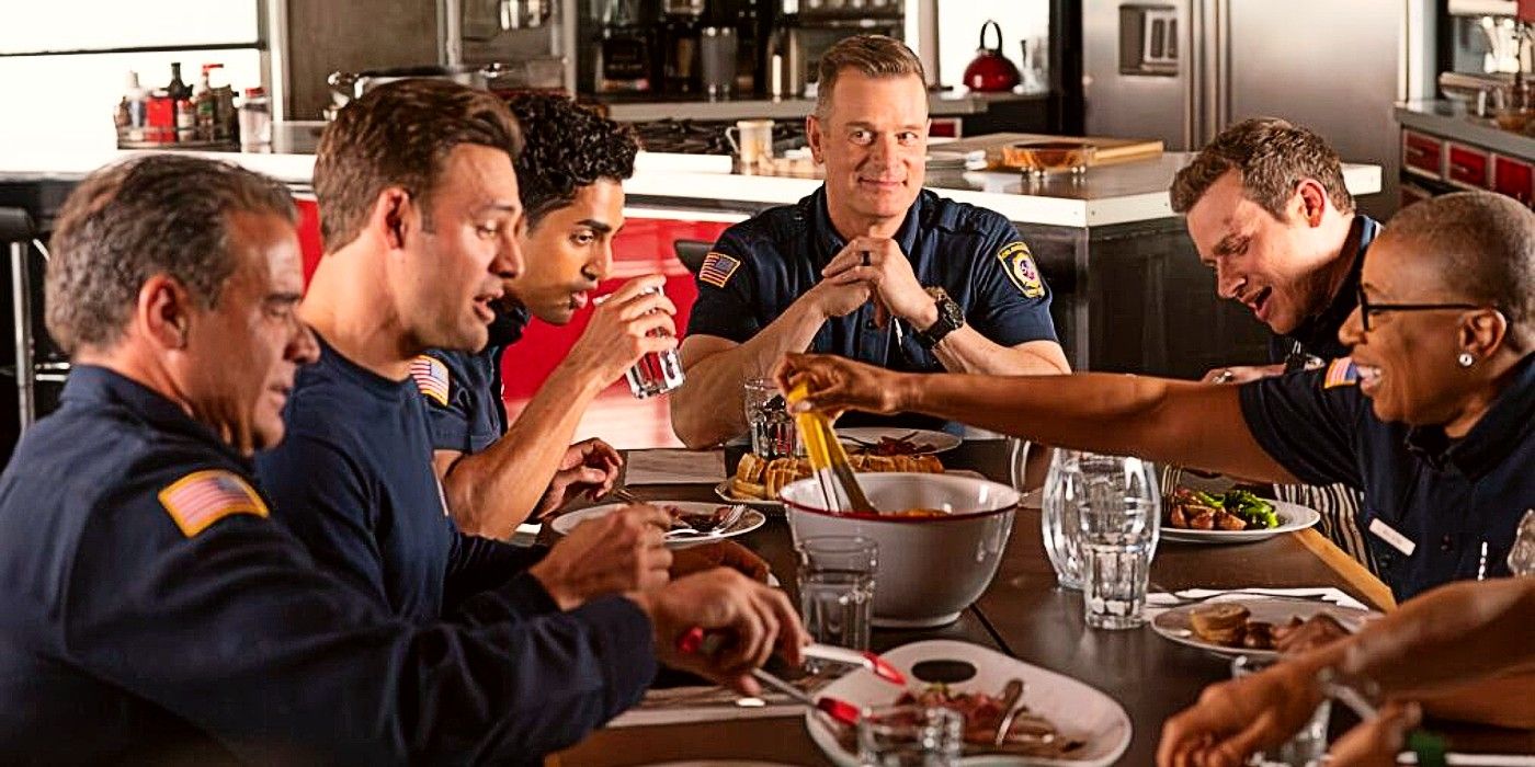 Eddie, Ravi, Bobby, Buck, and Hen sharing a meal with the rest of the 118 in 9-1-1 Season 7.