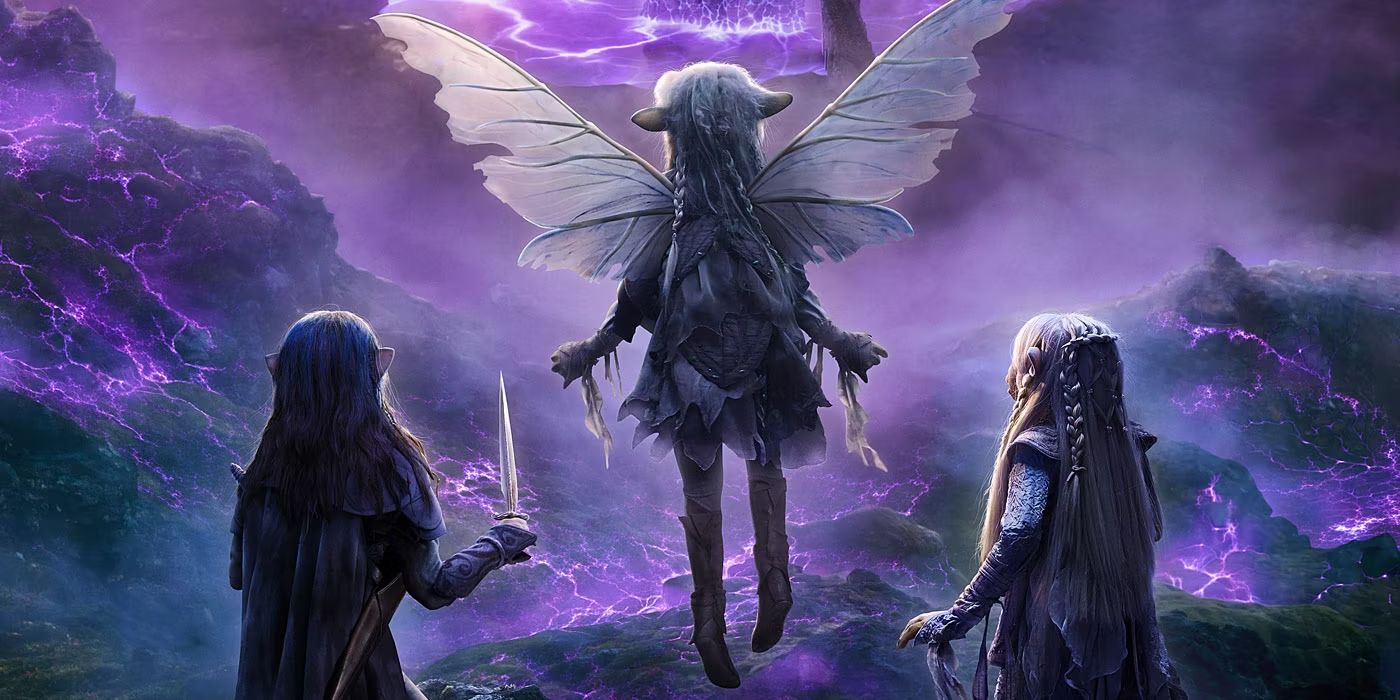 The Dark Crystal Age of Resistance poster featuring the characters walking toward a purple landscape.