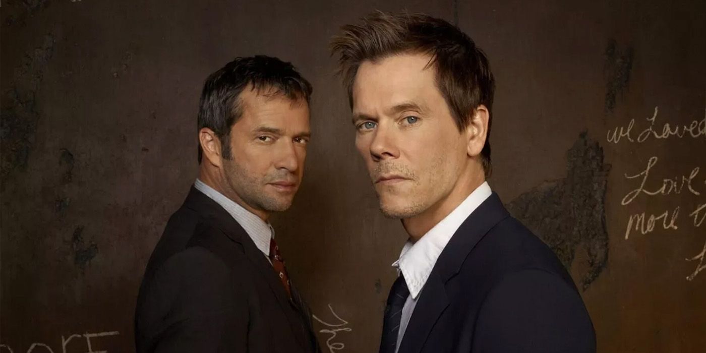 James Purefoy as Joe Carroll and Kevin Bacon as Ryan Hardy in character on the poster for The Following