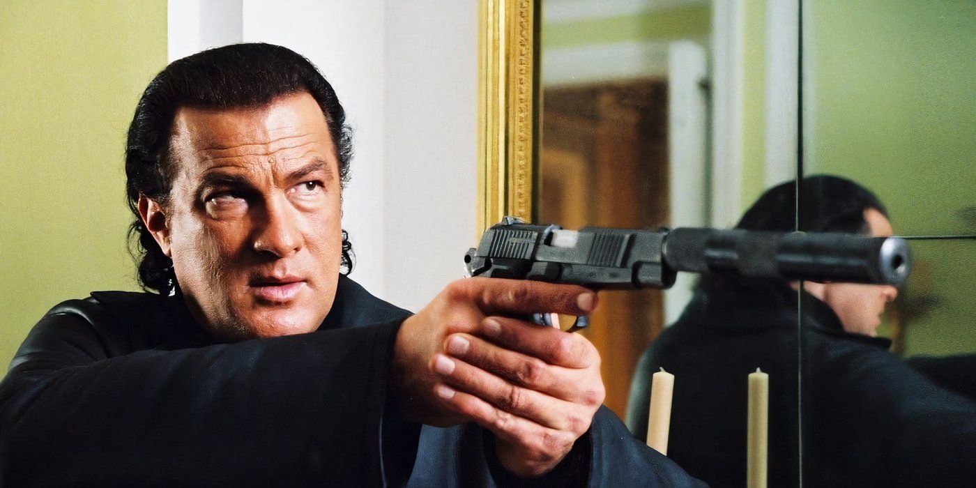 Steven Seagal holding a gun in a hotel room in The Foreigner