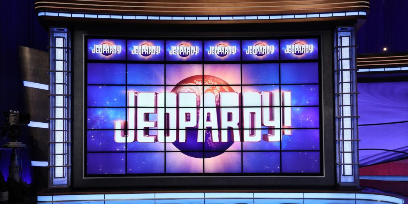 The Jeopardy set with the video board reading "Jeopardy"