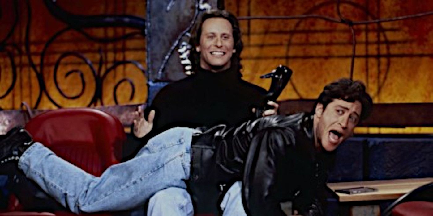 Host Jon Stewart lies on guest Steven Weber's lap on 'The Jon Stewart Show.'