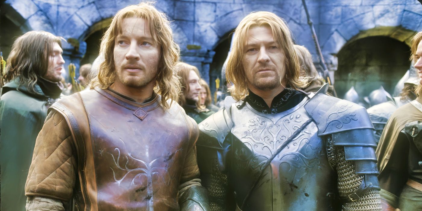 Faramir (David Wenham) and Boromir (Sean Bean) standing side by side in a crowded city with Faramir on the left and Boromir on the right, in The Lord of the Rings: The Two Towers