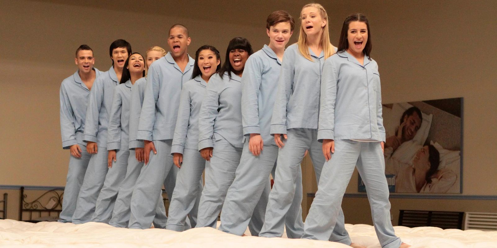 The New Directions in pajamas on a mattress in Glee Season 1