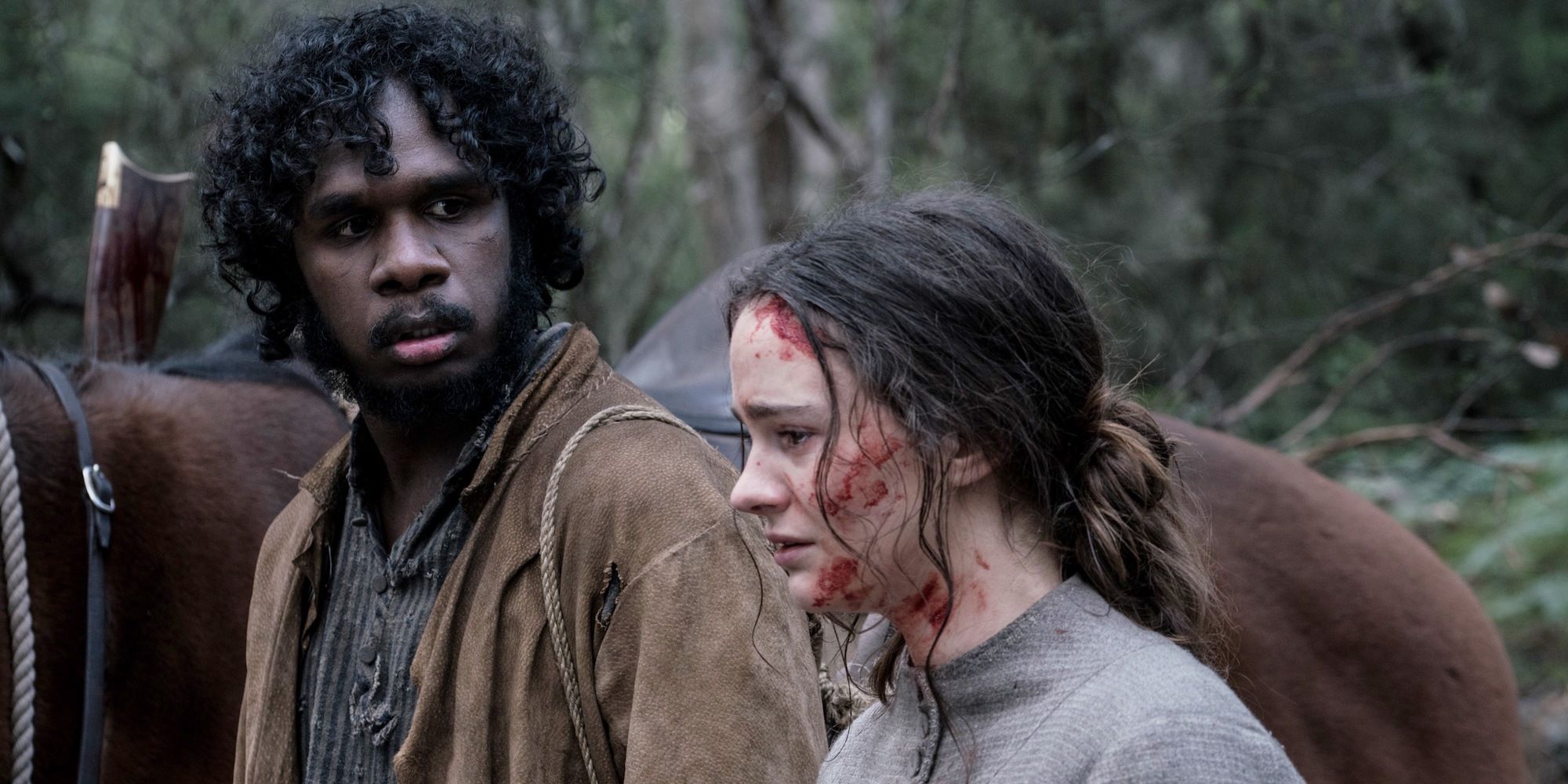 Aisling Franciosi as Clare and Baykali Ganambarr as Billy in The Nightingale