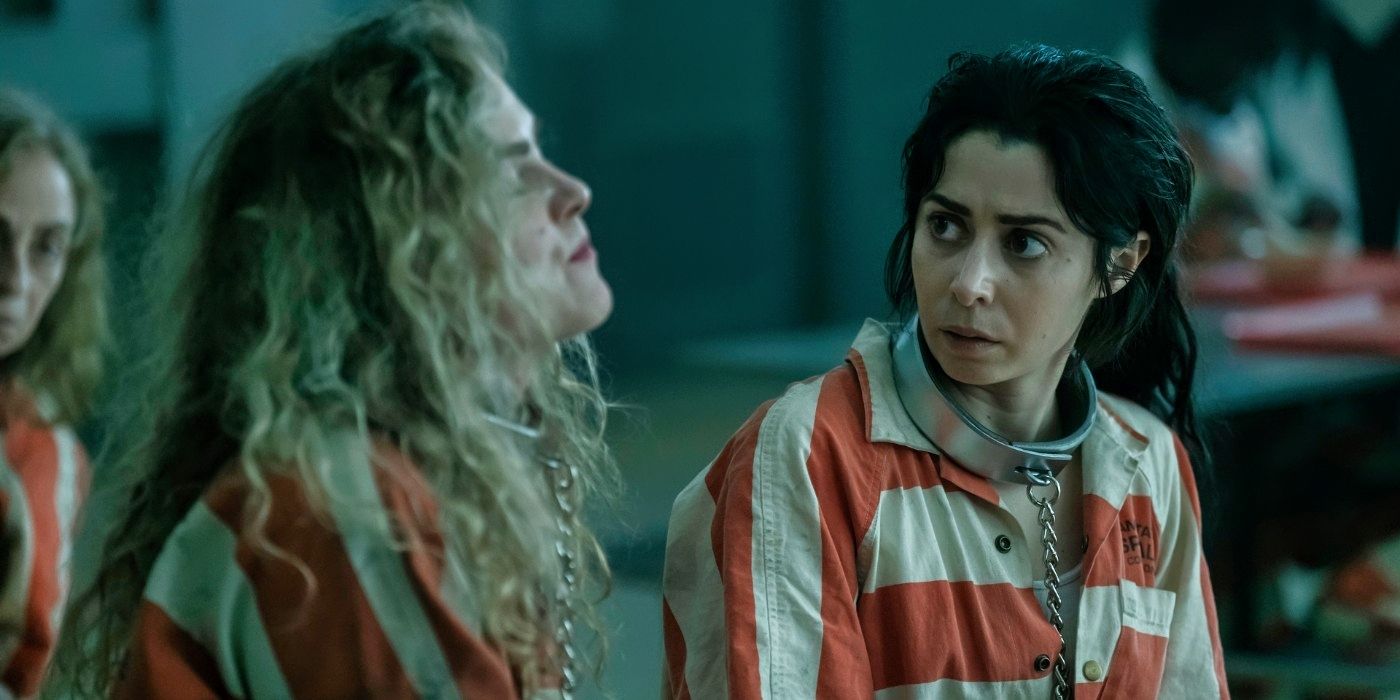 Cristin Milioti and Marie Botha in striped jail jumpsuits in The Penguin Episode 4