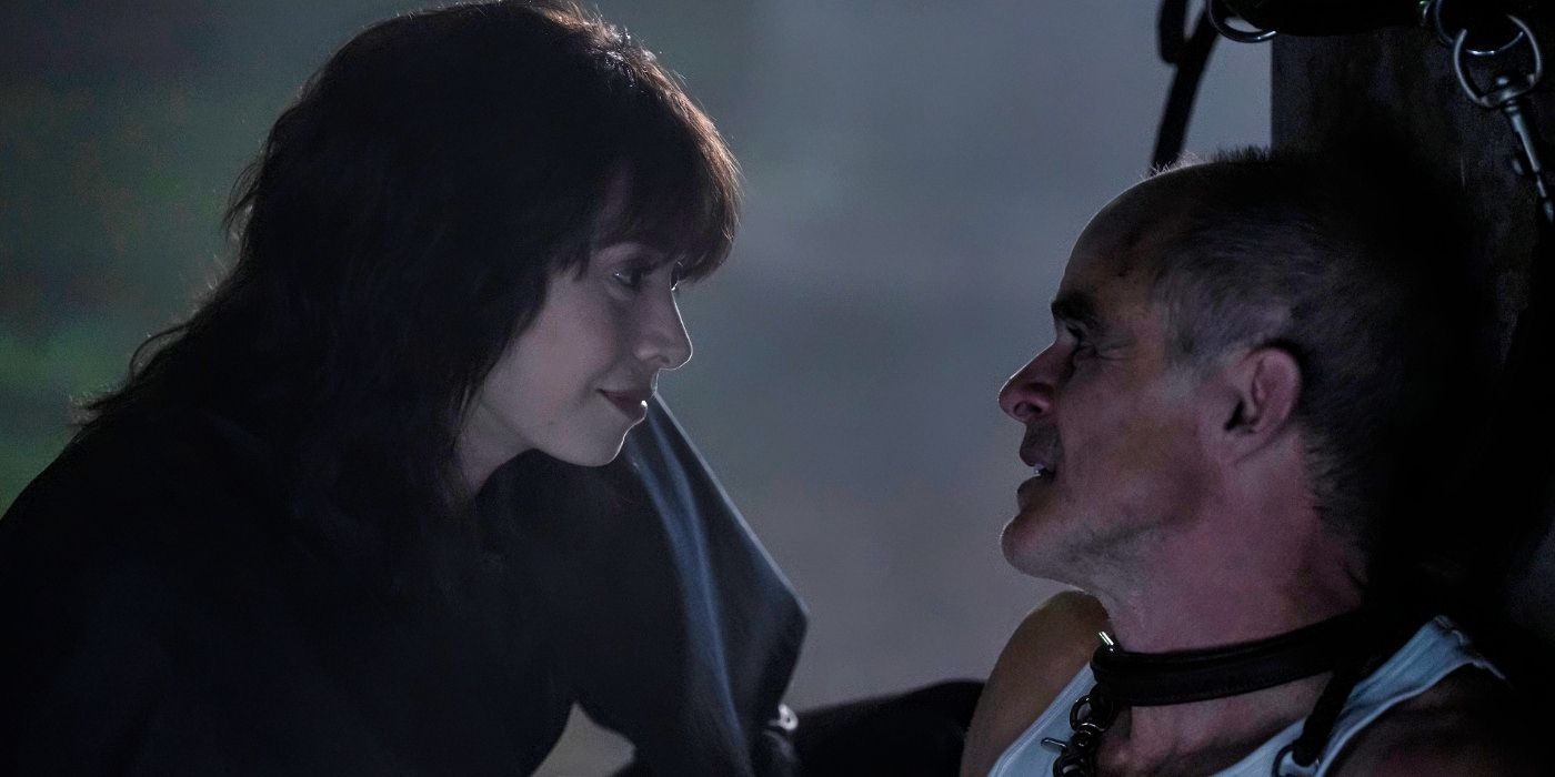 Cristin Milioti talking to a tied-up Michael Kelly