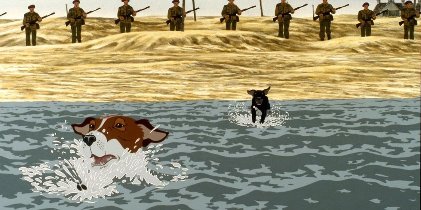 Two dogs swimming away from soldiers in The Plague Dogs