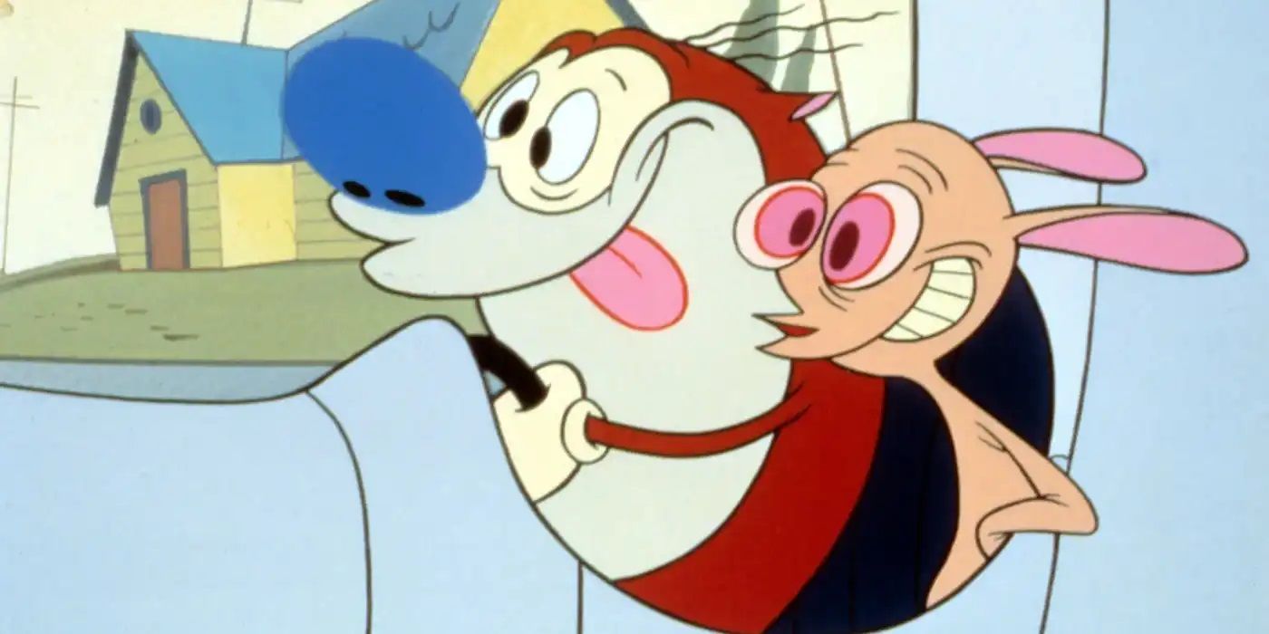 Stimpy drives a car with Ren in the passenger seet