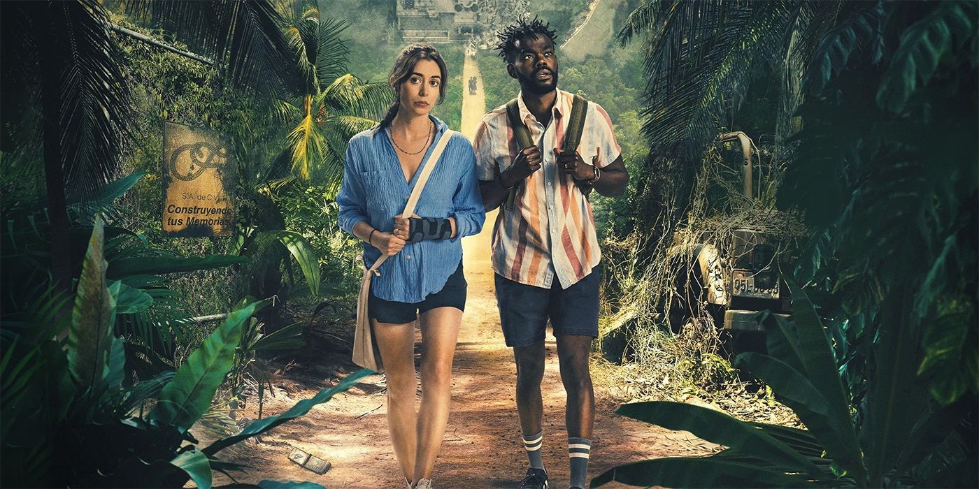 Cristin Milioti com William Jackson Harper andando em uma selva no show o resort