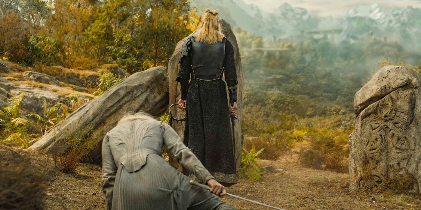 Sauron (Charlie Vickers) walking away from Galadriel (Morfydd Clark) as she crumples to the ground in The Rings of Power Season 2 finale