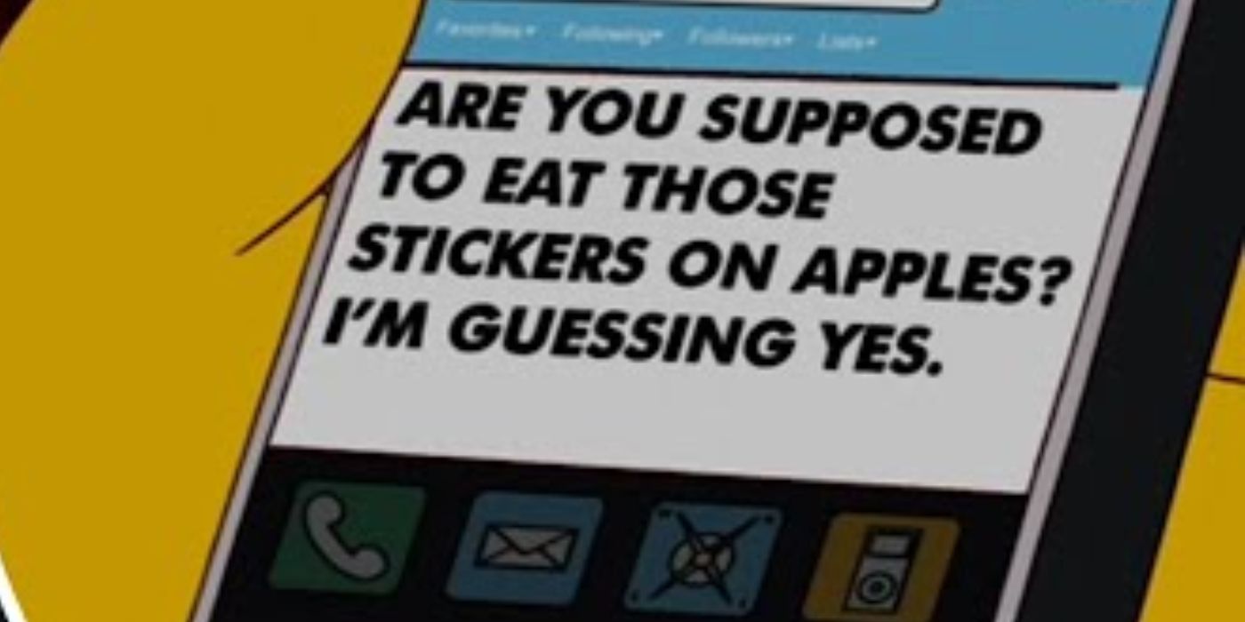 Homer Simpson checks a news headline on his smartphone while, along the bottom of his screen, an &lsquo;X&rsquo; shaped app sits in &lsquo;The Simpsons&rsquo; Season 23, Episode 21 &ldquo;Ned &lsquo;n&rsquo; Edna&rsquo;s Blend Agenda&rdquo;.