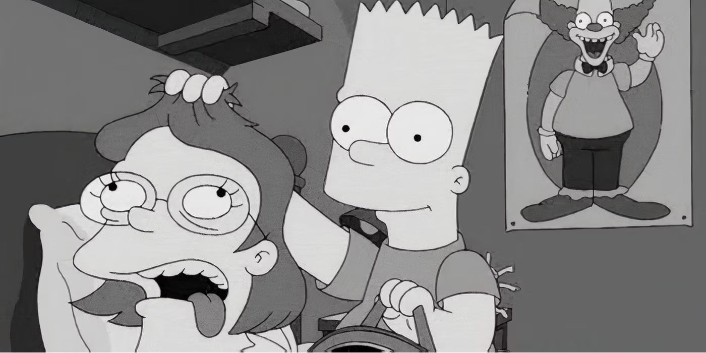 Bart holds Miss Hoover's severed head in The Simpsons.