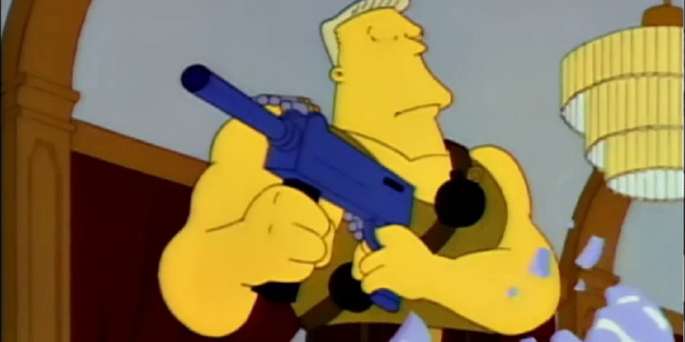 The Simpsons action hero actor McBain bursts out of an ice sculpture and begins firing his machine gun in Season 4, Episode 17 &ldquo;Last Exit to Springfield&rdquo;.