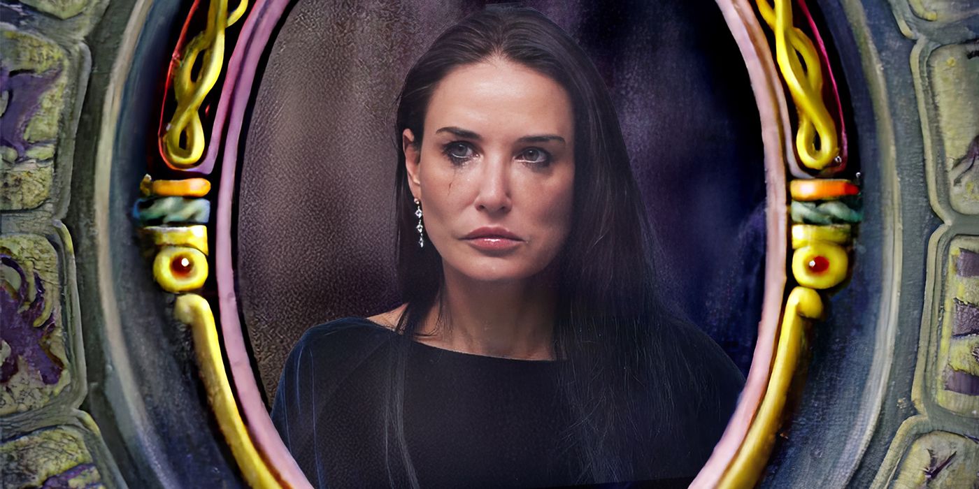 Demi Moore as Elisabeth Sparkle looking at herself in a mirror in The Substance