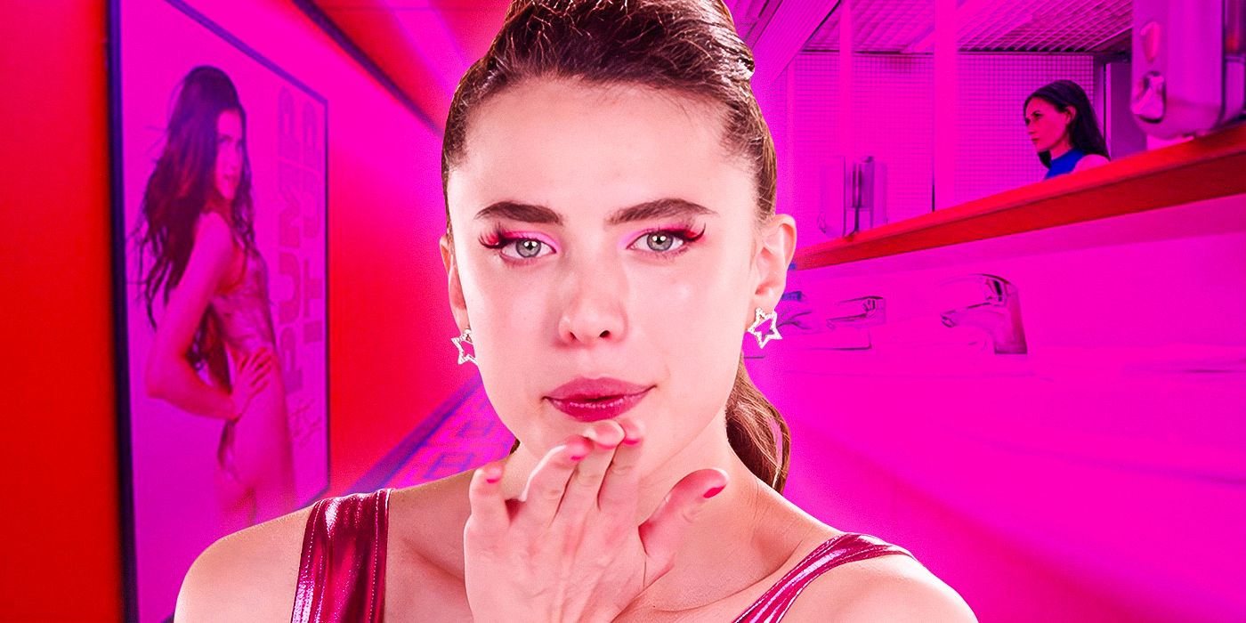 Sue, played by actor Margaret Qualley, blows a kiss at the camera in The Substance