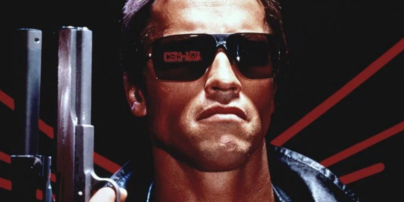 Arnold Schwarzenegger as the T-800 Terminator holding a gun on the poster for 'The Terminator' (1984).