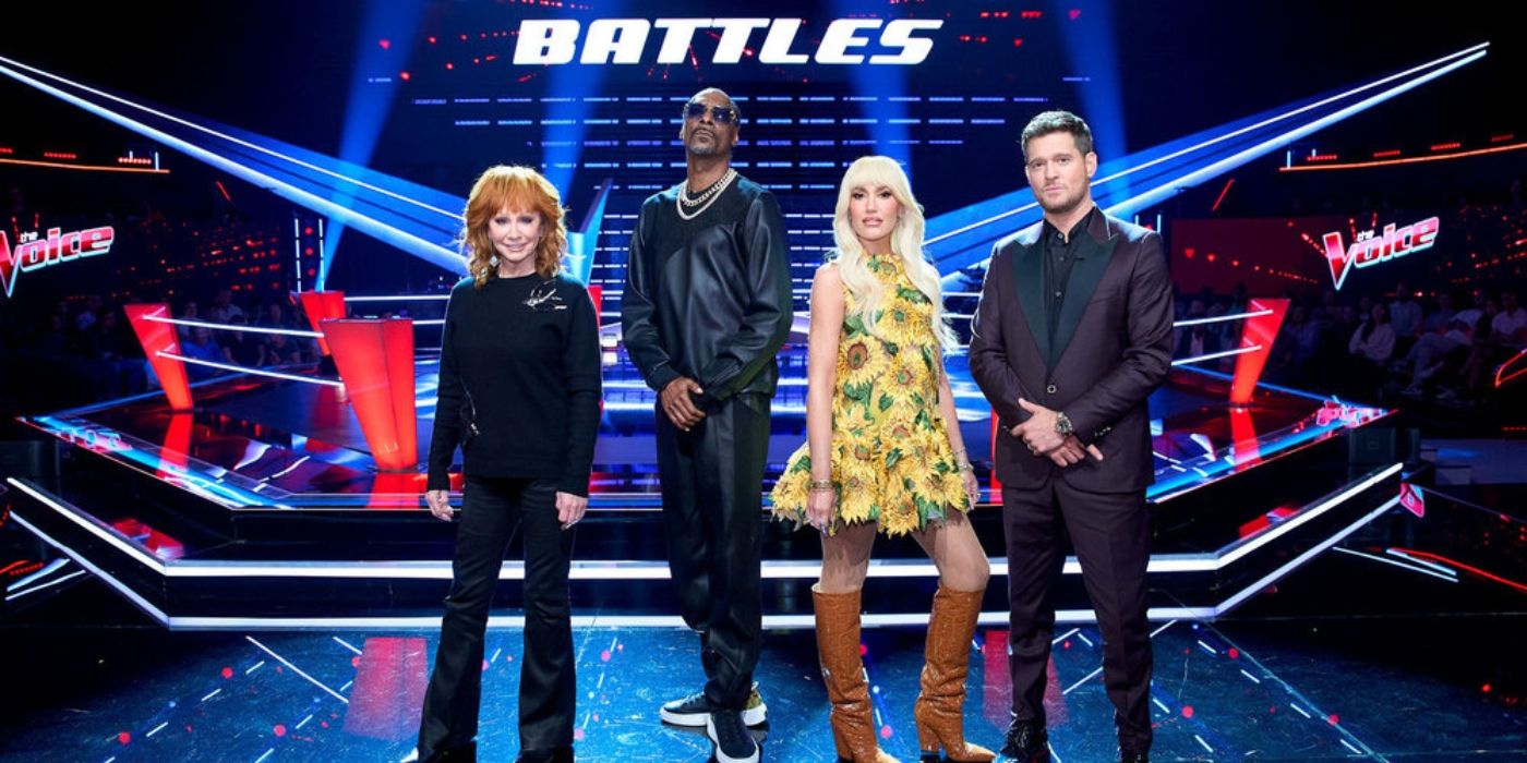 Reba McEntire, Snoop Dogg, Gwen Stefani, and Michael Bublé pose before the Battles on 'The Voice' Season 26.