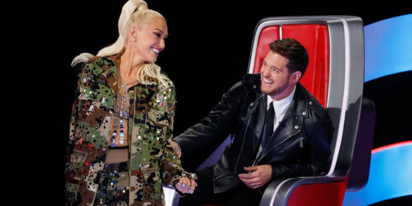 Gwen Stefani and Michael Bublé smile on 'The Voice' Season 26.