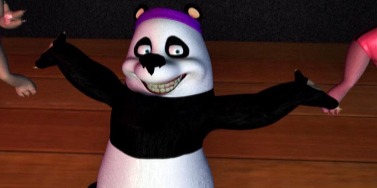 A panda striking a pose with a large, toothy grin and wearing a purple headband in 'The Little Panda Fighter'