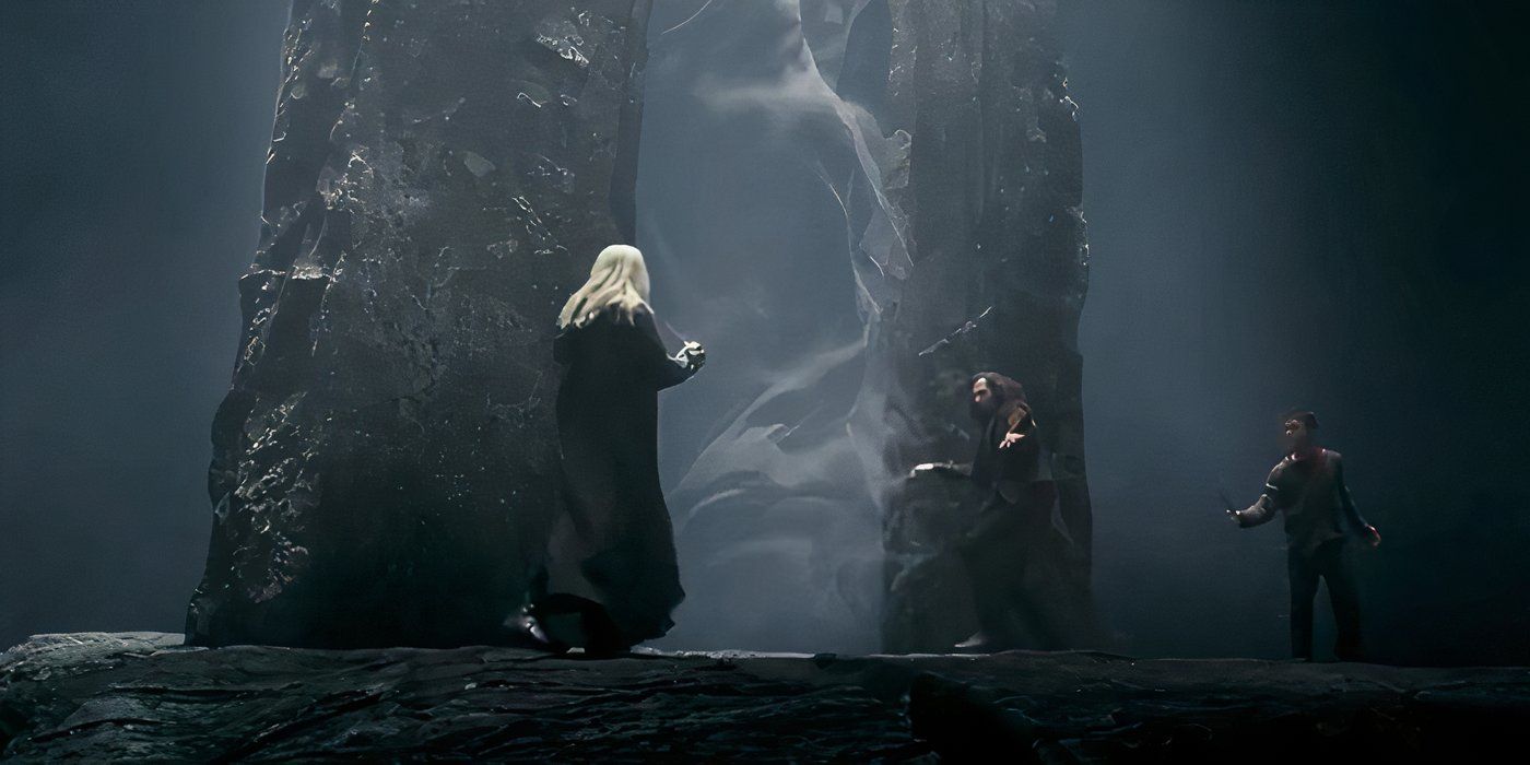 Lucius Malfoy duels Harry Potter and Sirius Black in front of the Veil in 'Harry Potter and the Order of the Phoenix' 