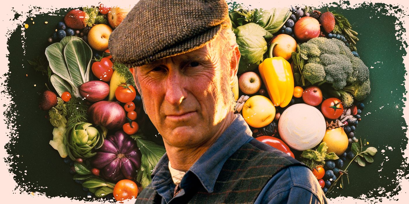 Farmer Hoggett, played by actor James Cromwell in Babe, with a backdrop of vegetables.