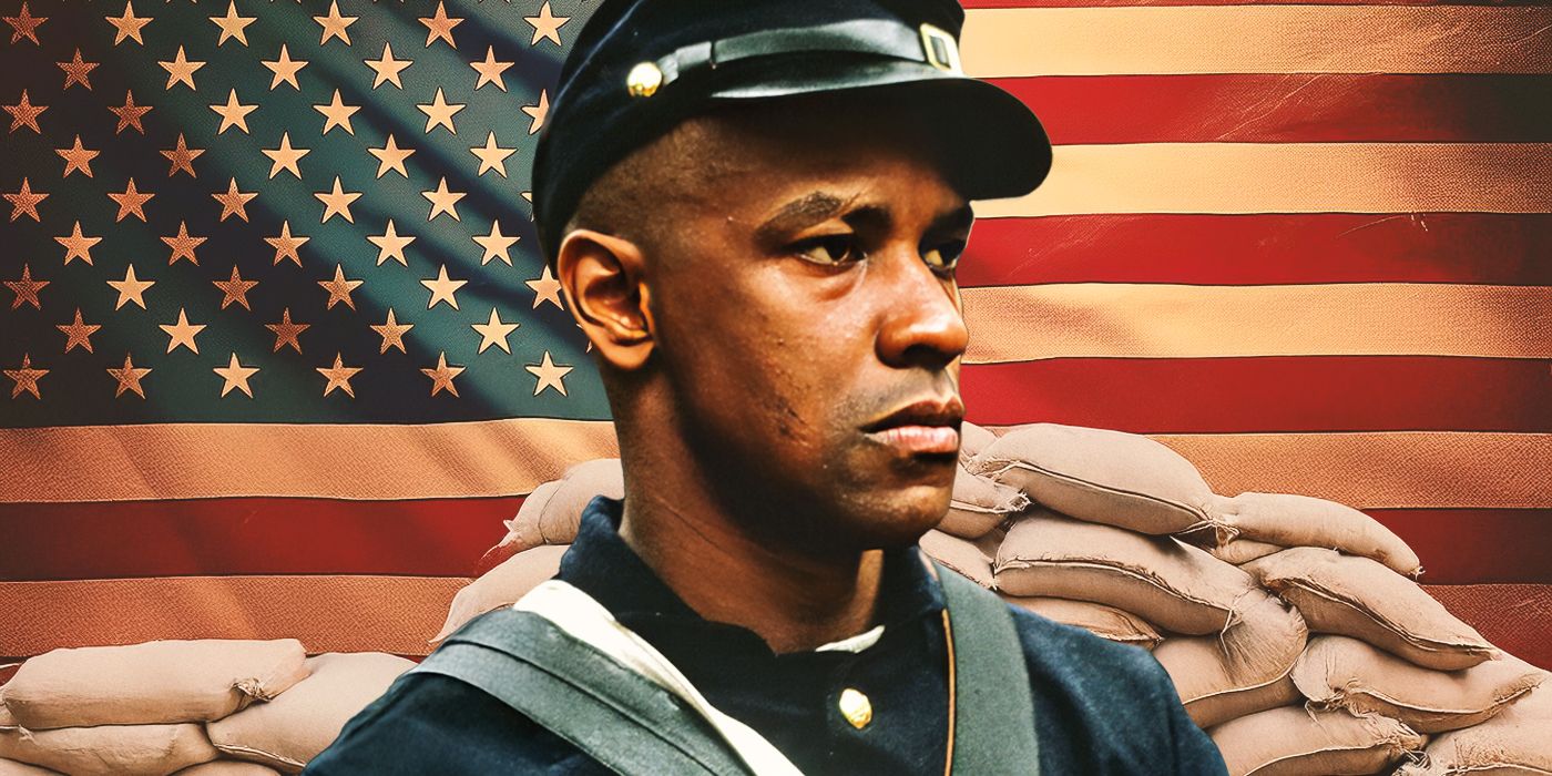 A custom image of Denzel Washington in all his glory with an American flag and sandbags in the background