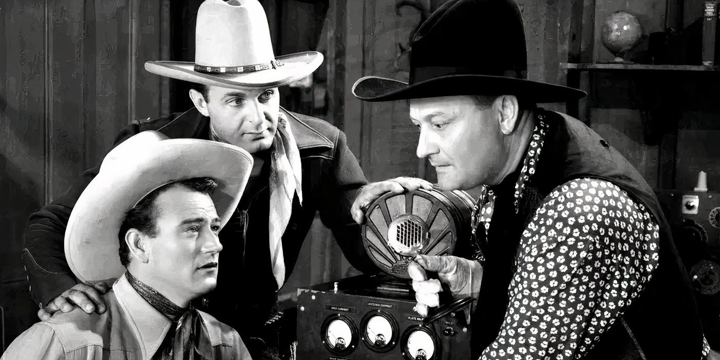 John Wayne, Ray Corrigan, and Max Terhune as the Three Mesquiteers in &lsquo;Overland Stage Raiders&rsquo;