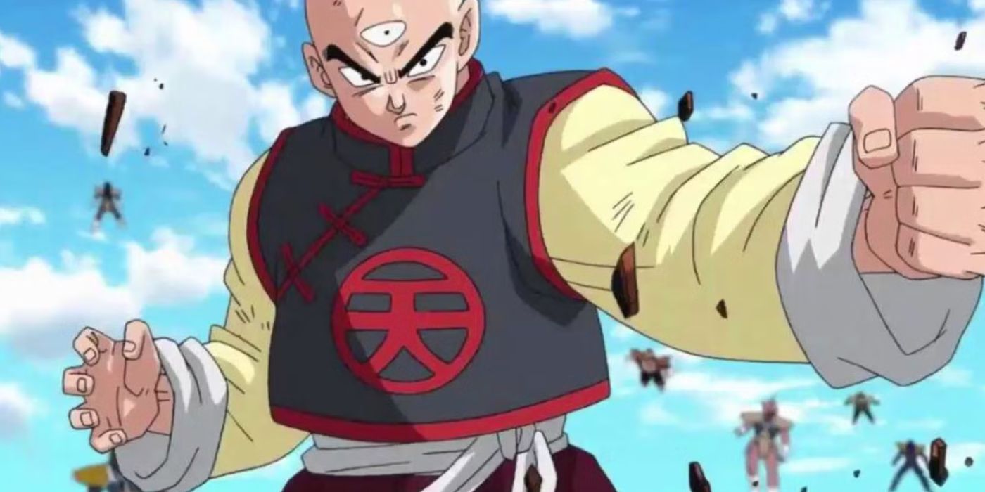 Tien fighting enemies, looking determined, in 'Dragon Ball Super'