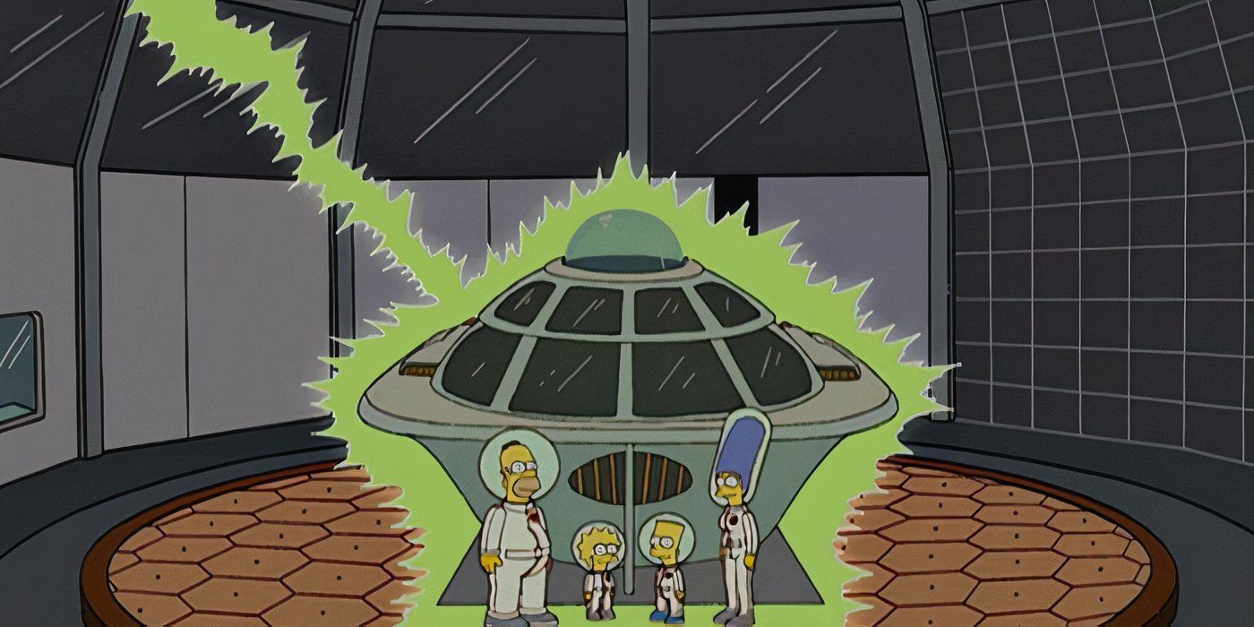 The Simpson family in front of a UFO in 'The Simpsons'