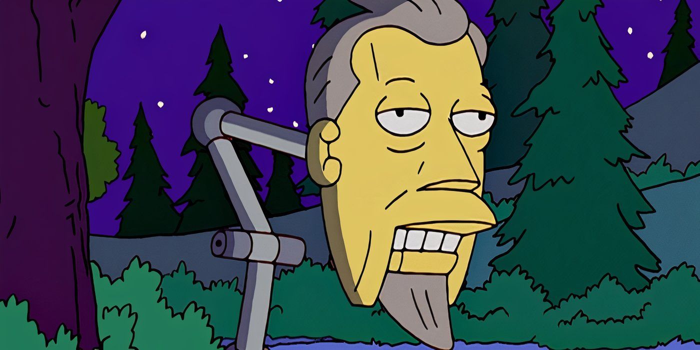 A robotic head on a post in front of trees in The Simpsons.