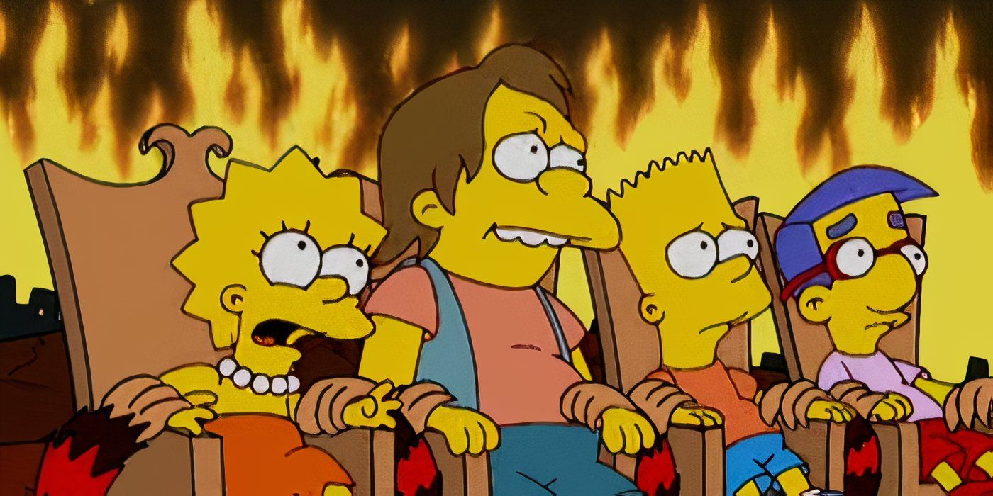 Lisa, Nelson, Bart, and Milhouse sit in Hell in The Simpsons.