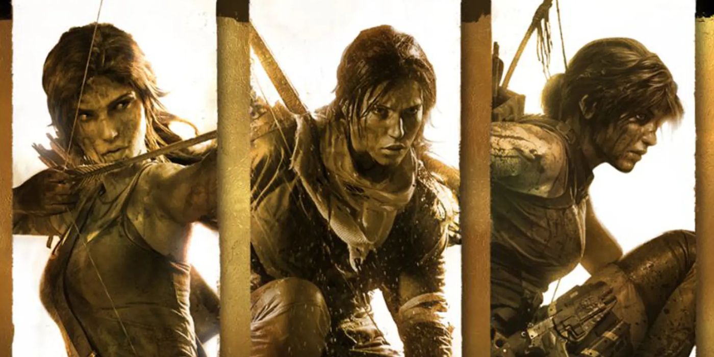 A collage of three images of Lara Croft from the Tomb Raider Survival Trilogy video games