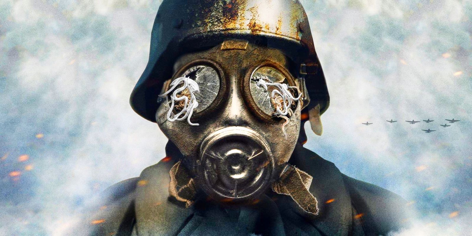 A soldier wearing a gas mask, with shattered lenses that white worms are crawling out of.