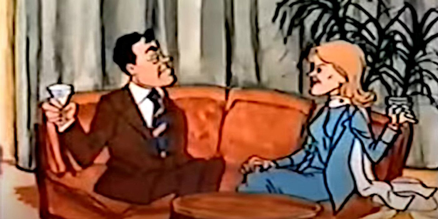 Actor John Schuck and actress Sharon Gless get the animated treatment in the opening credits of the sitcom &lsquo;Turnabout.'